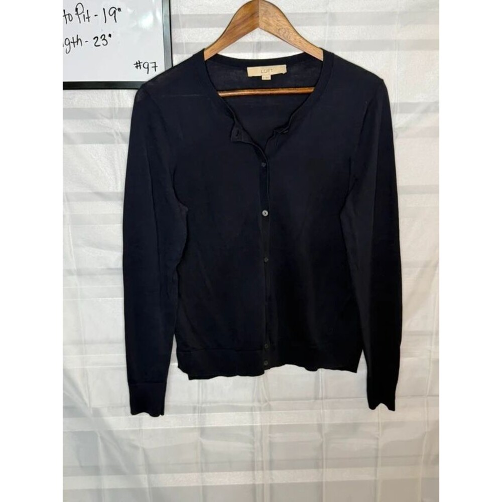 Ann Taylor LOFT Navy Blue 100% Cotton Button Front Cardigan Sweater Size M